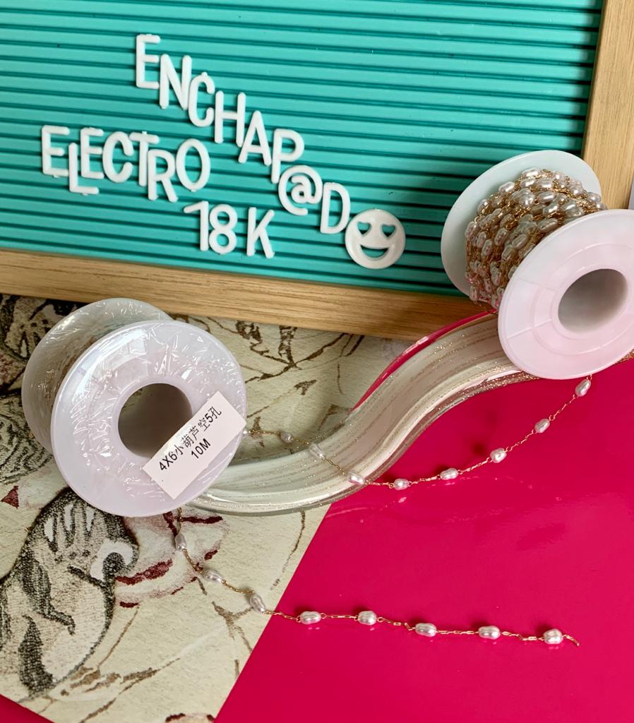 CADENA ELECTROENCHAPADO 18K PERLA 4X6MM ROLLO 10MTS