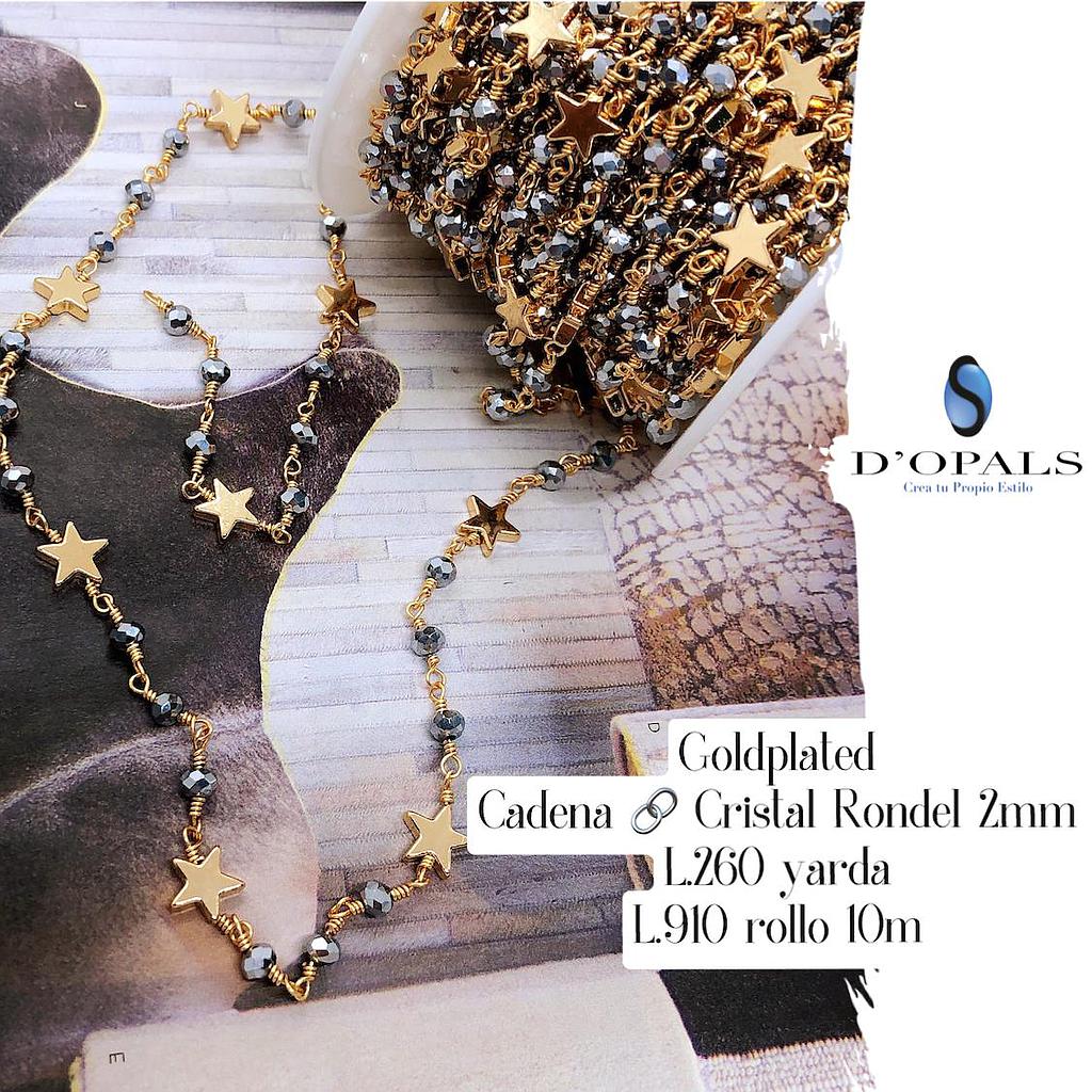 CADENA GOLDPLATED CON ESTRELLAS Y CRISTAL RONDEL 2MM ROLLO 10MTS