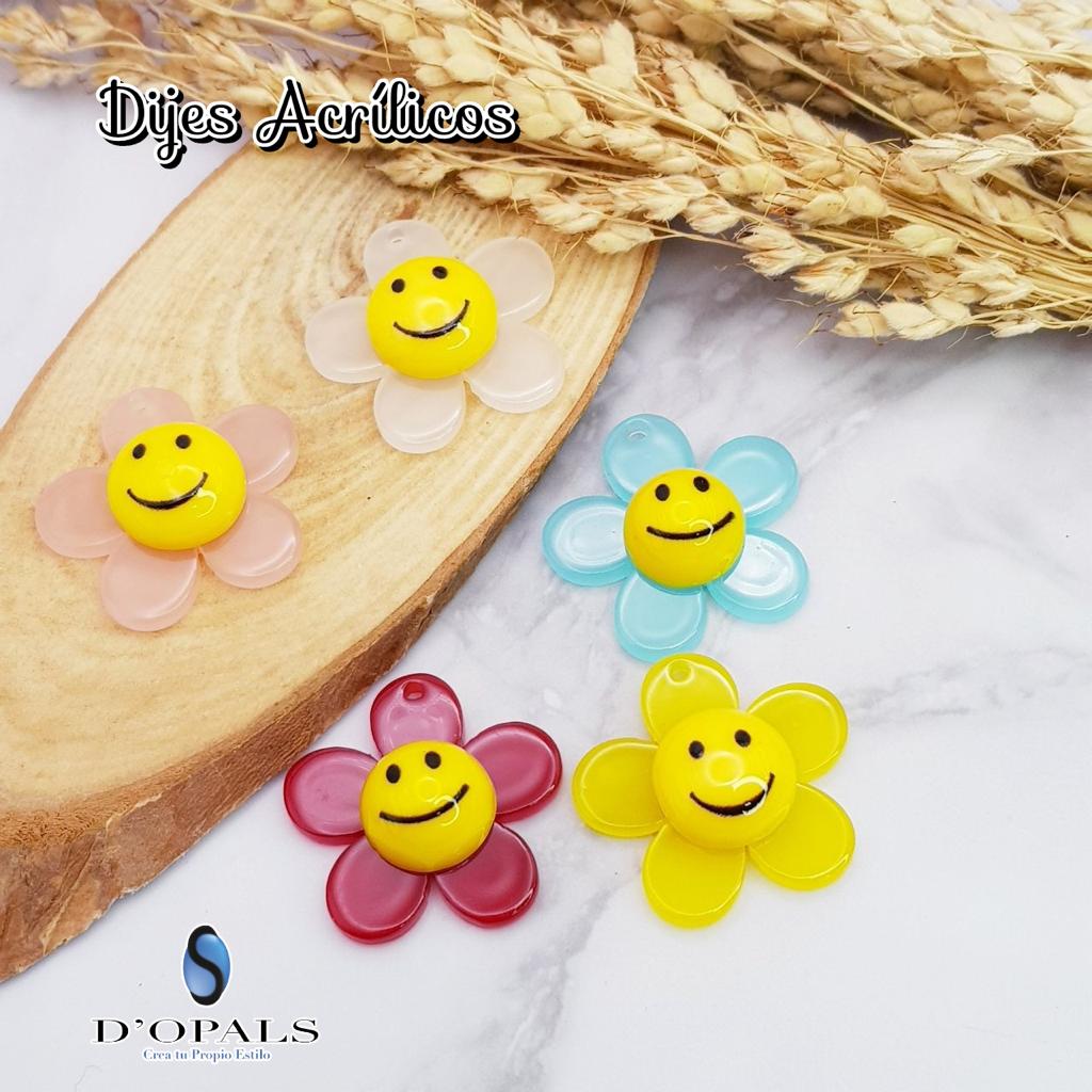 DIJES FLORES ACRILICAS CON CARITA FELIZ 5PIEZAS