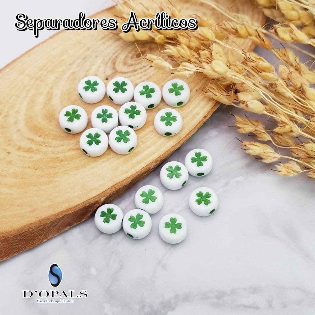 SEPARADORES ACRILICOS TREBOL 7X4MM BLANCO Y VERDE 10GRS